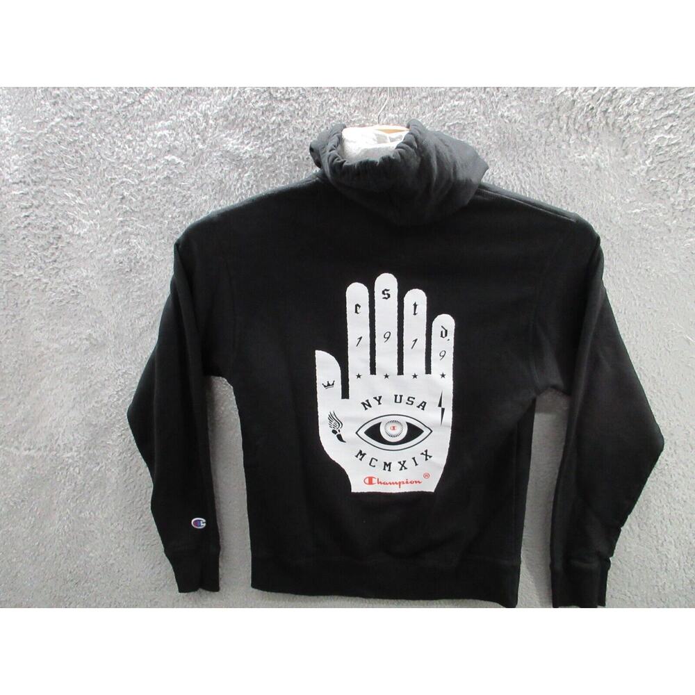 CHAMPION Hoodie Mens Medium Hamsa Hand Fleece Logo Palm Graphic Sweatshirt Black